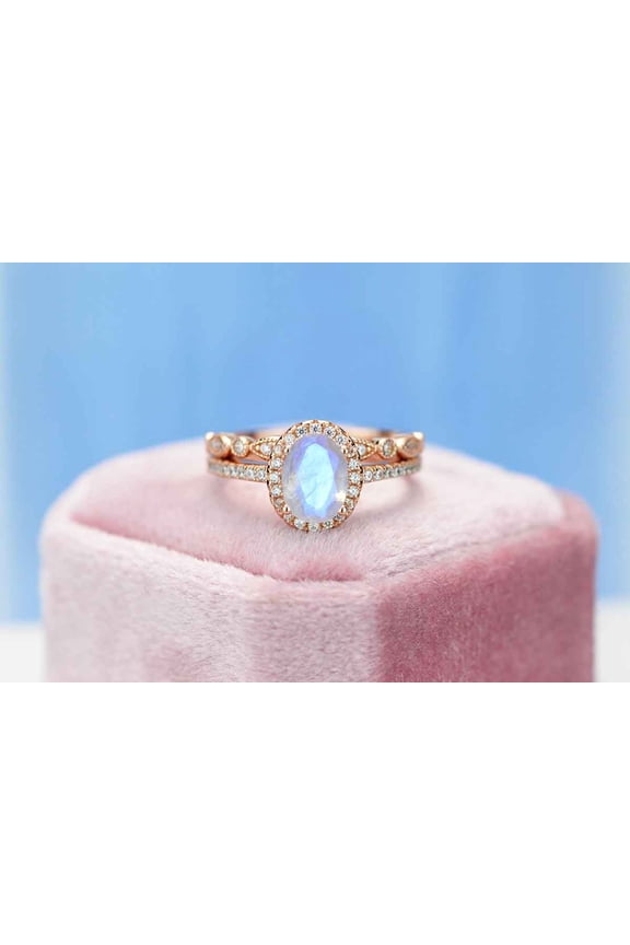 Rose Gold Plated Silver Dainty Natural Moonstone Ring Set, 2Ct Oval Cut Moonstone Vintage Ring Set, Rose Gold Ring Unique Curved Ring, Size 8