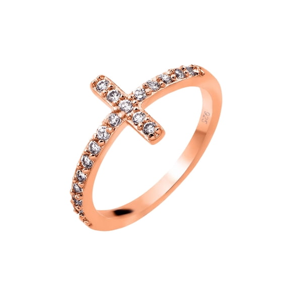 Rose Gold Plated Sterling Silver 925 Clear CZ Cross Ring Band White Jewelry Female Size 8