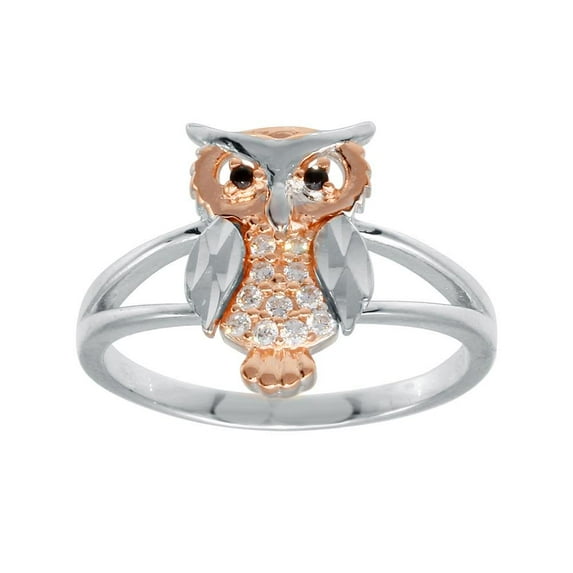 Rose Gold Plated Sterling Silver 925 Diamond-Cut Two-Tone Owl Ring White CZ Female Size 5