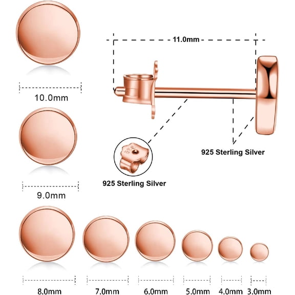 Rose Gold Plated Sterling Silver Dot Stud Earrings 3Mm-10Mm Options, Flat R Nd Disc Studs Hypoallergenic Jewelry[Z3978]