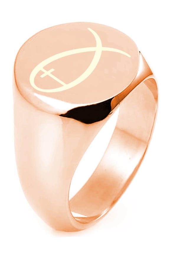 Rose Gold Plated Sterling Silver Fish With Jesus Ichthus Cross Engraved Round Flat Top Polished Ring