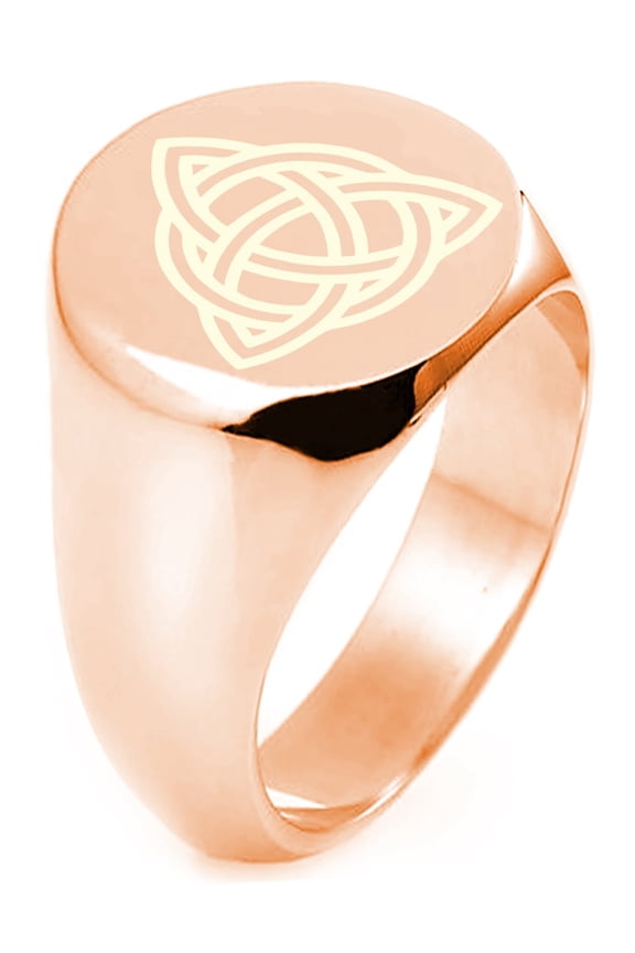 Rose Gold Plated Tioneer Sterling Silver Triquetra Holy Trinity Symbol Engraved Round Flat Top Polished Ring