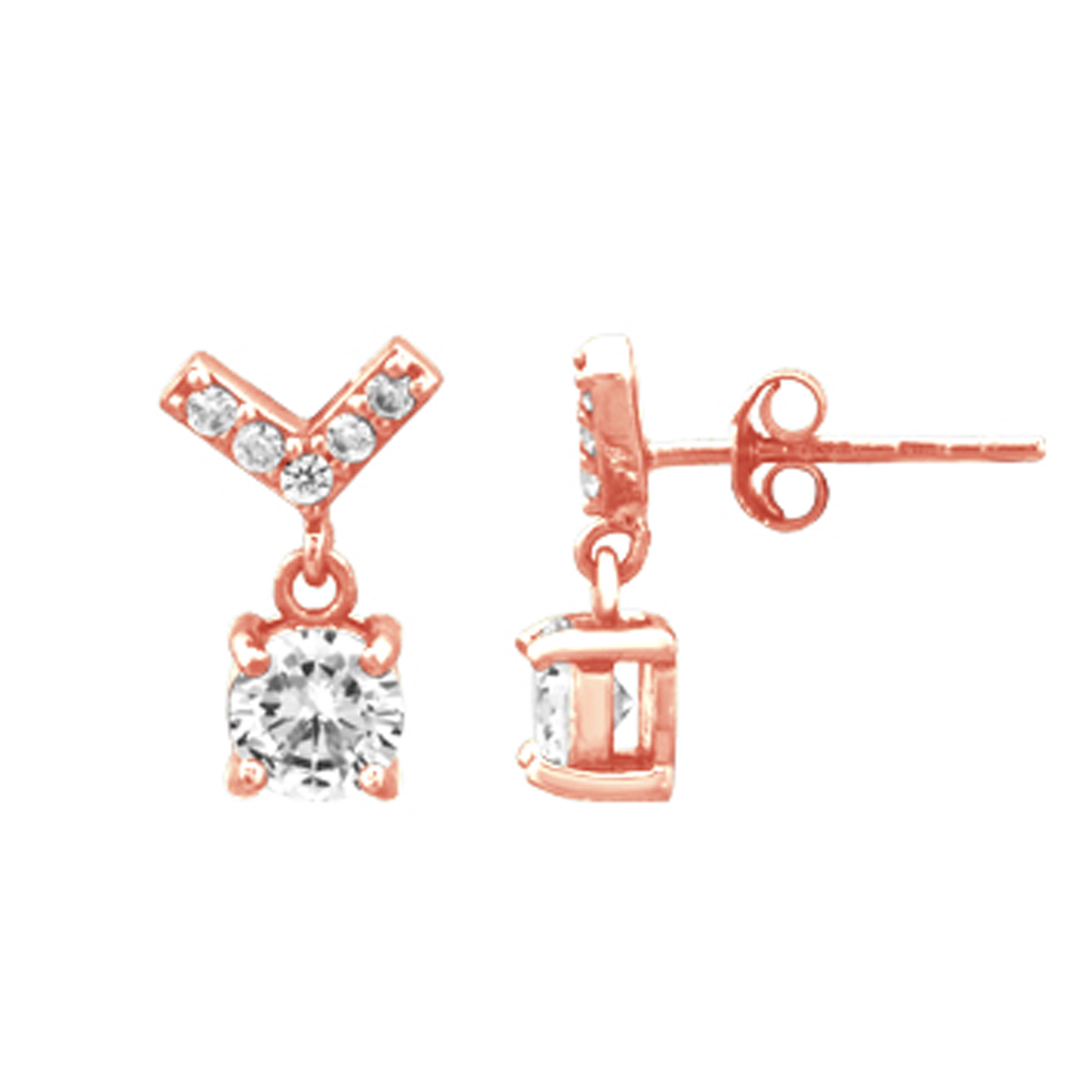 Rose Gold Plated Sterling Silver V Shape CZ Earrings