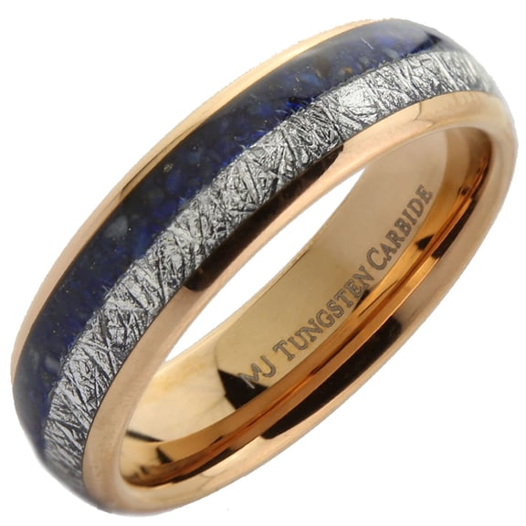 Rose Gold Plated Tungsten Carbide 6mm Blue Lapis Lazuli & Meteorite Inlay Arrow Ring Size 7.5