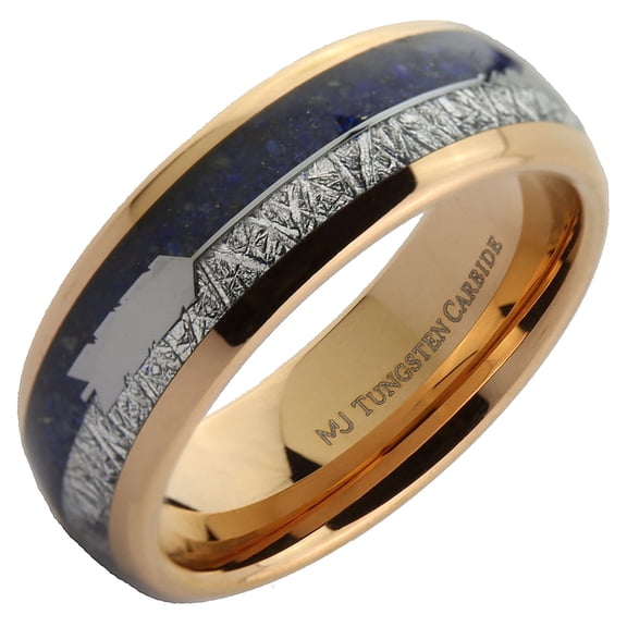 Rose Gold Plated Tungsten Carbide 8mm Blue Lapis Lazuli & Meteorite Inlay Arrow Ring Size 12