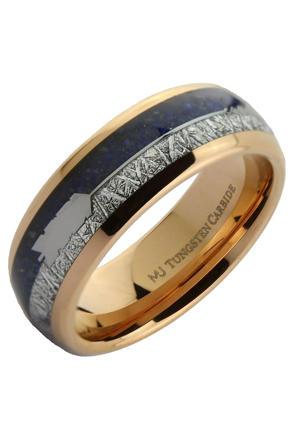 Rose Gold Plated Tungsten Carbide 8mm Blue Lapis Lazuli & Meteorite Inlay Arrow Ring Size 8