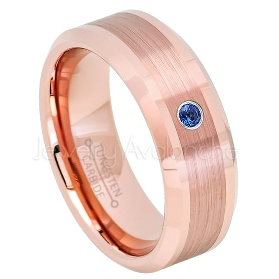 Rose Gold Plated Tungsten Ring - 0.07ct Solitaire Blue Sapphire Ring - Personalized Tungsten Wedding Ring - Custom Made September Birthstone Ring TN732BS