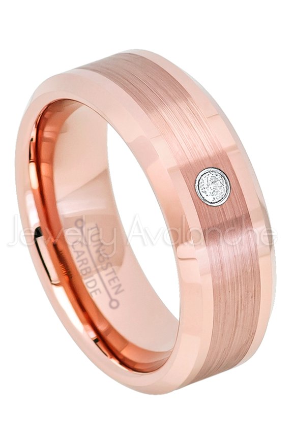 Rose Gold Plated Tungsten Ring - 0.07ct Solitaire Diamond Ring - Personalized Tungsten Wedding Ring - Custom Made April Birthstone Ring TN732BS