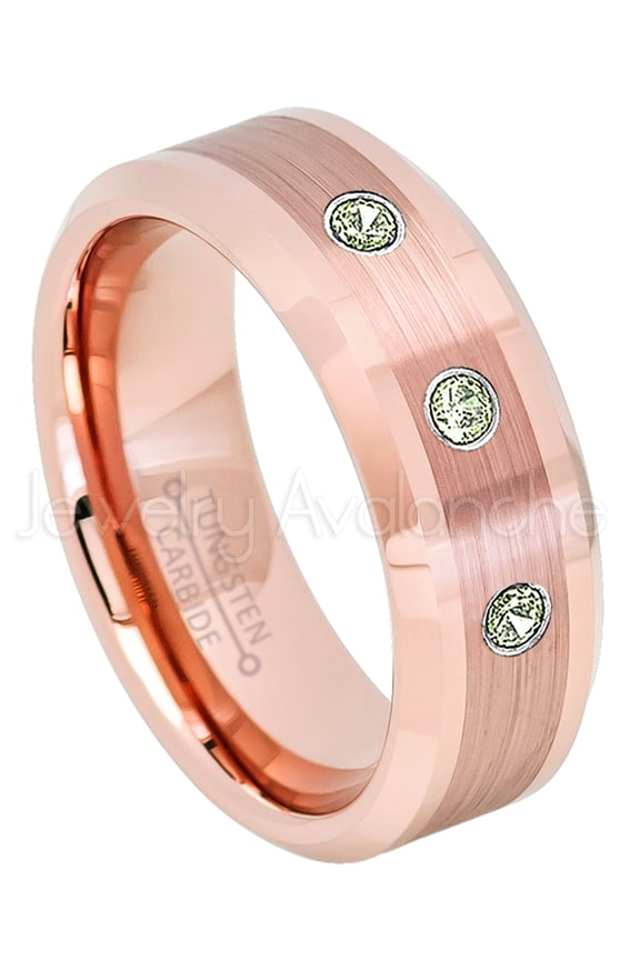 Rose Gold Plated Tungsten Ring - 0.21ctw Peridot 3-stone Band - Personalized Tungsten Wedding Ring - Custom Made August Birthstone Ring TN732BS
