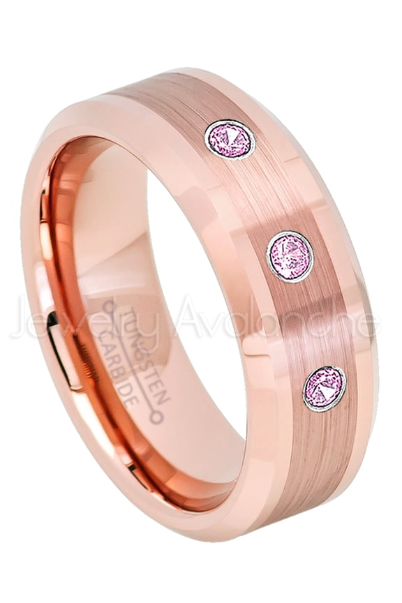 Rose Gold Plated Tungsten Ring - 0.21ctw Pink Tourmaline 3-stone Band - Personalized Tungsten Wedding Ring - Custom Made October Birthstone Ring TN732BS