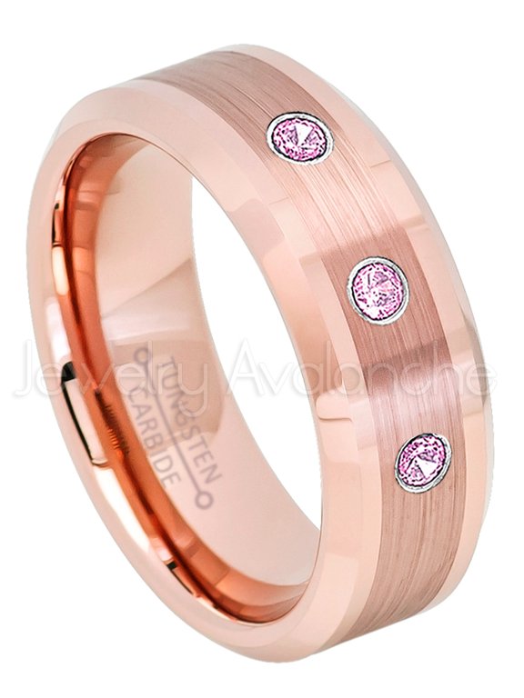 Rose Gold Plated Tungsten Ring - 0.21ctw Pink Tourmaline 3-stone Band - Personalized Tungsten Wedding Ring - Custom Made October Birthstone Ring TN732BS
