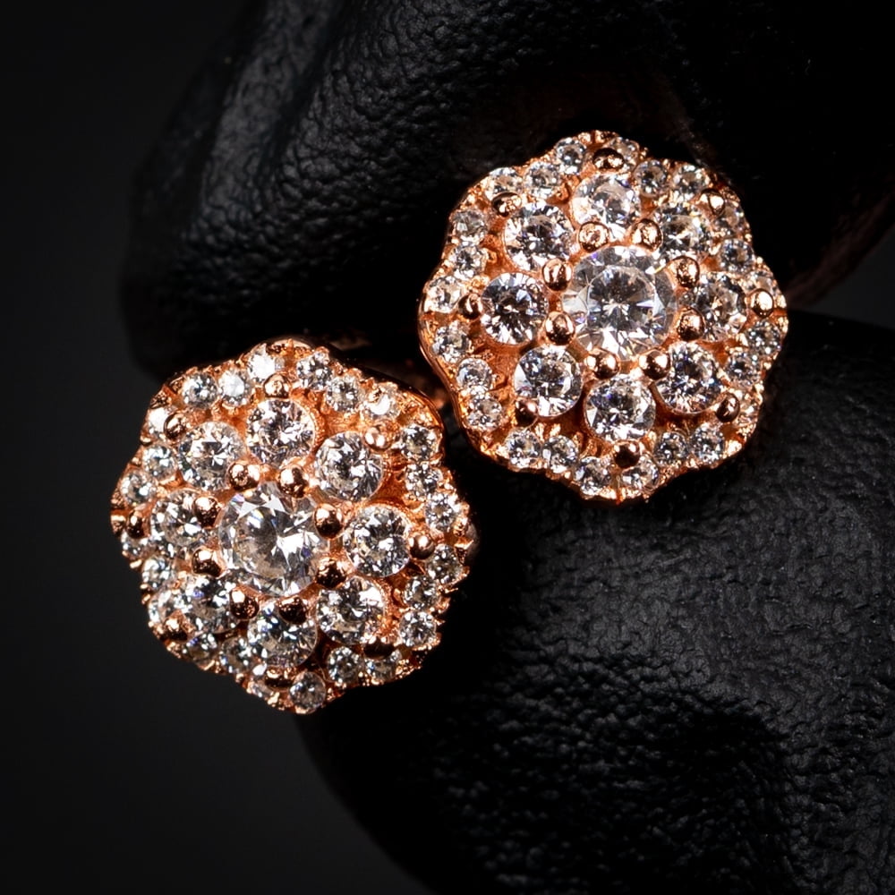 Pink Rose Gold Plated 925 Sterling Silver Screw Back Post Iced CZ Circle Flower Cluster Round Hip Hop Stud Earrings