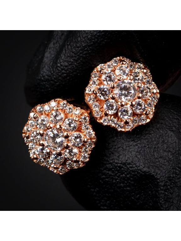 Pink Rose Gold Plated 925 Sterling Silver Screw Back Post Iced CZ Circle Flower Cluster Round Hip Hop Stud Earrings