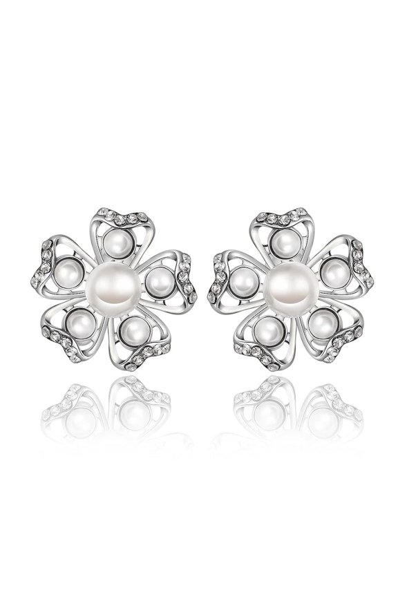Platinum Plated Stud Earrings Pearl AAA Zircon Push Back Flower 0.76 Inch Floral L326