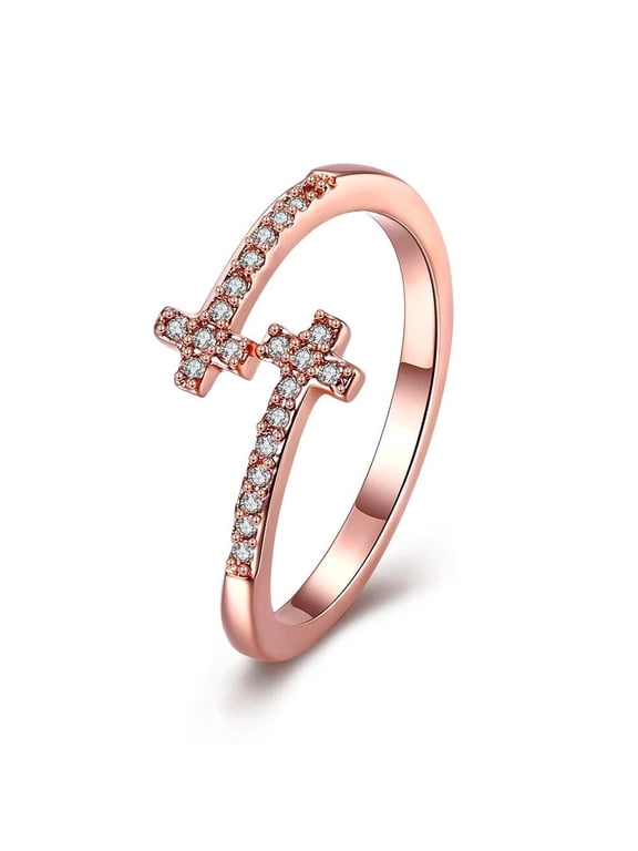 Rose Gold Platinum Plated Fashion Ring Aaa Zirconia Cross Adjustable Size B307