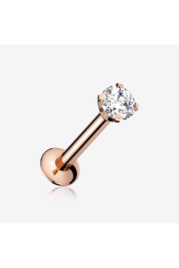 Rose Gold Prong Set Gem Top Threadless Push-In Steel Labret
