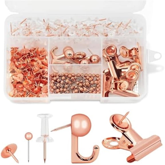 Rose Gold Push Pins Set, 310 Pcs Decorative Thumb Tacks for Cork Board with Push Pin Hooks & Clips, 5 Styles Office Pushpins Set in Storage Box for Bulletin Board, Maps, Photos, Notes