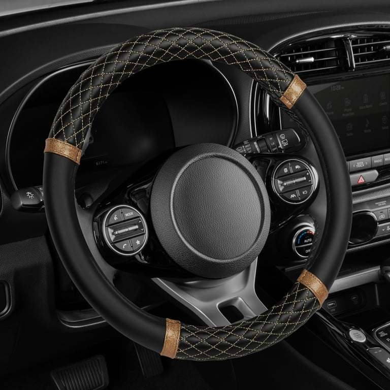 15“ Carbon Fiber Black Leather Car Steering Wheel Cover Non-slip Car  Accessories