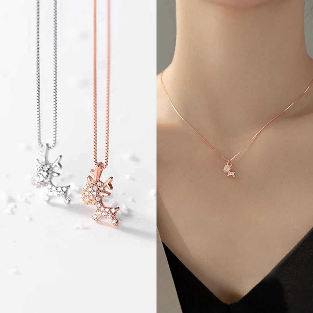 Rose Gold Reindeer Glitter Pendant Necklace 925 Sterling Silver Xmas Jewelry Christmas Gifts for her, Stocking Filler