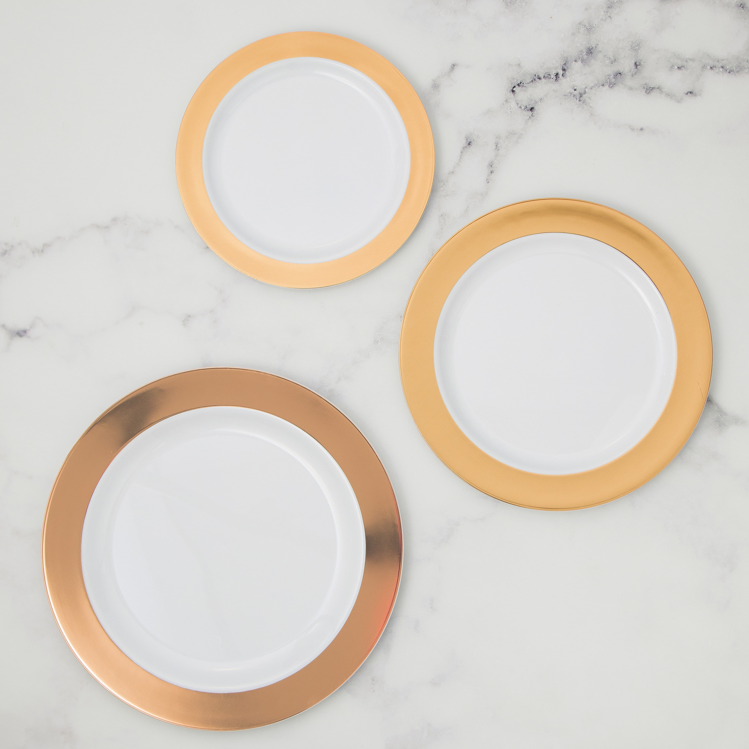 Rose Gold Rim White Plastic Party Plates Kit for 10 Guests