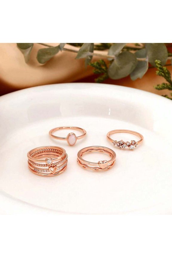 Rose Gold Ring Set For Women Dainty Heart Opal CZ Stackable Rings 8 Pieces