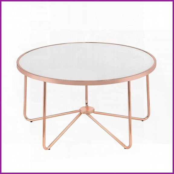 Rose Gold Round Coffee Table with Frosted Glass Top - Classy Living Room Accent, Easy Assembly