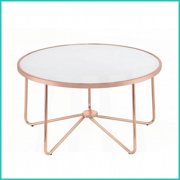 Rose Gold Round Coffee Table with Frosted Glass Top, Classy Living Room Centerpiece Easy to Clean
