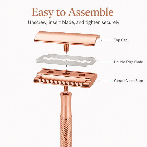 Rose Gold Safety Razor for Women and Men with 5 Double Edge Blades, Reusable Metal Single Blade Razor, Plastic Free Shaving Razor with Closed Comb Design