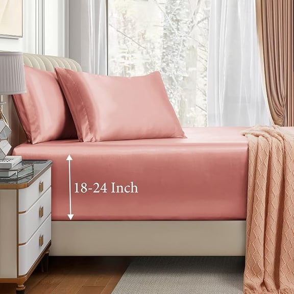 Rose Gold Satin Fitted Sheet Set of 3 Extra Deep Pocket 18 to 24 Inch Mattresses