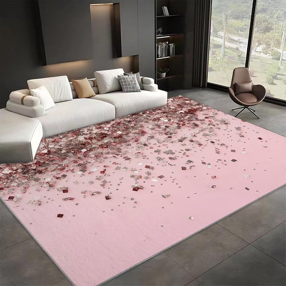Rose Gold Sequin Area Rugs, Peach Modern Carpet, Washable Non Slip Low Pile Soft Rug for Living Room Bedroom Dining Room Office Home Decor Mat 5x8ft