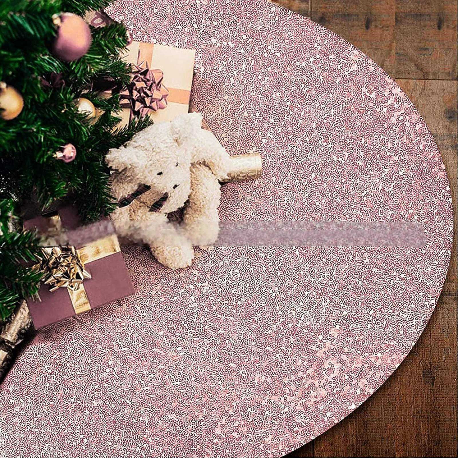 Rose Gold Sequin Christmas Tree Skirt with Faux Fur Snowflakes 24 Inch ...