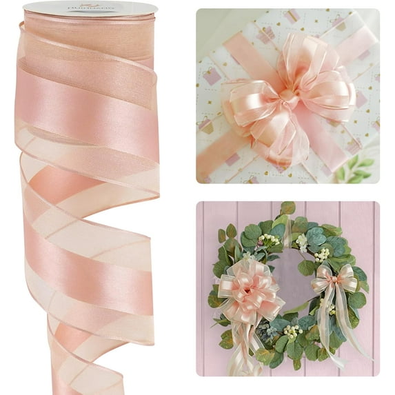 Rose Gold Sheer Wired Ribbon 2.5 inch with Satin Stripe Rose Gold Christmas Tree Ribbon for Bows Making, Wreaths, Gift Wrapping, Wedding Bridal Shower Decorations-Continous 10 Yards