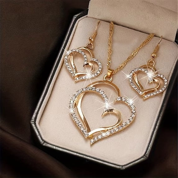 Rose Gold Silver Double Heart Shaped Necklace Shiny Crystal Stud Earrings Wedding Jewelry Set Best Gifts-Gold Set