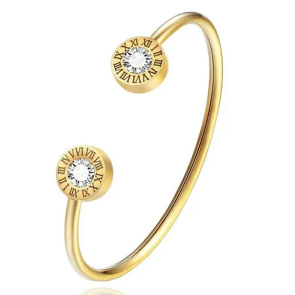 Rose Gold/Silver/Gold Bangle Roman Numerals Women's Stainless Steel Cz Bracelet