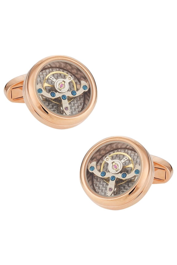 Rose Gold Silver Working Tourbillon Carbon Fiber Watch Cufflinks Steampunk
