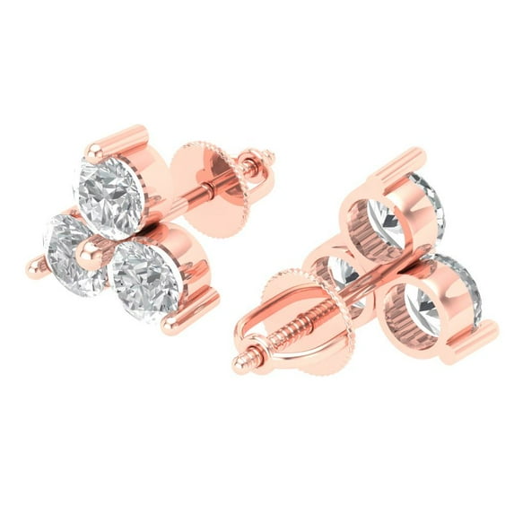 Rose Solid Gold Solitaire Stud Everyday Dainty Earrings - 3.0 Ct Brilliant Round Cut Studs Crystal 14K, Everyday Dainty Earrings Screw Back