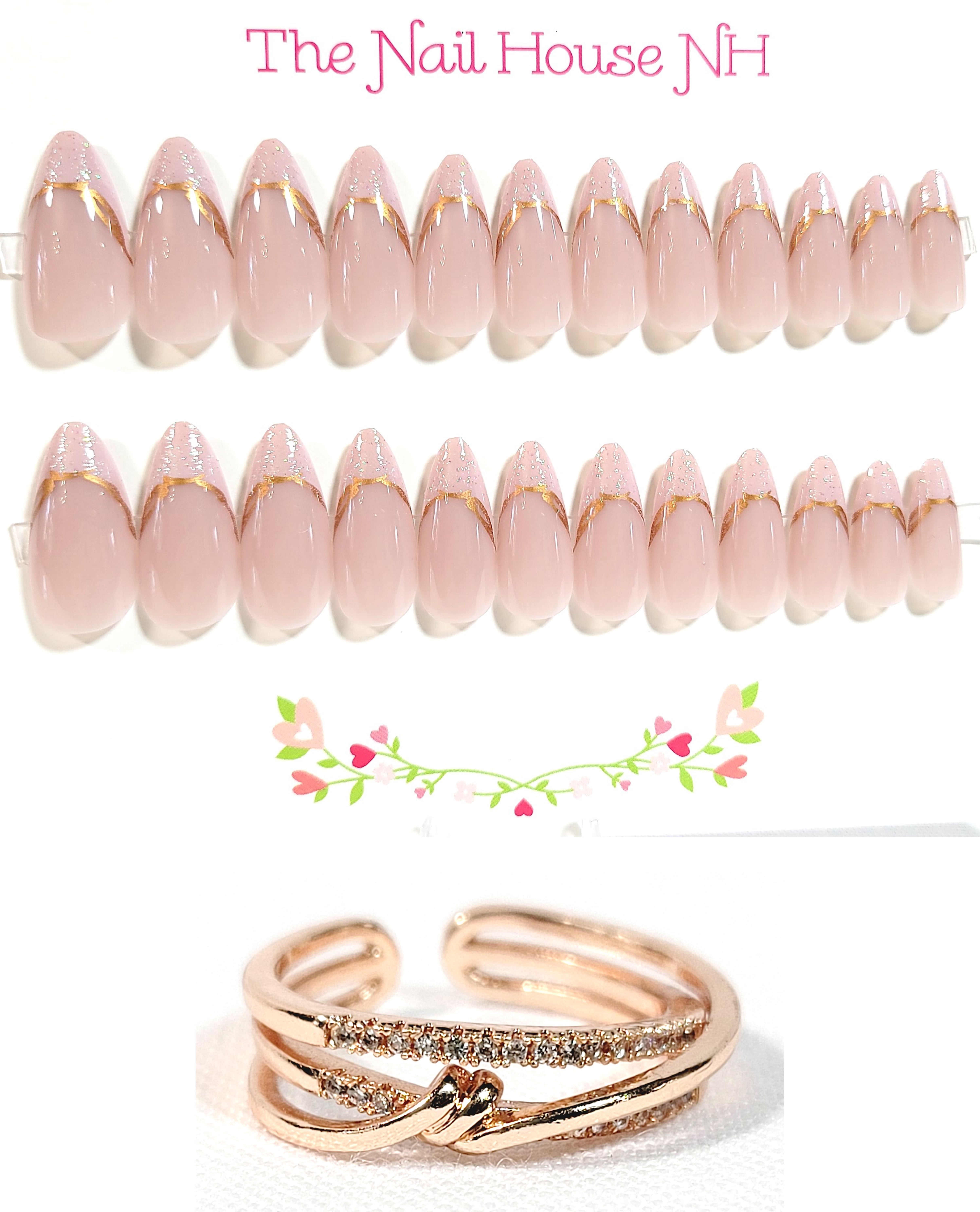 Rose Gold Sparkle French Manicure Glossy Almond Press On Nails and Adjustable Ring Set - Gift Set