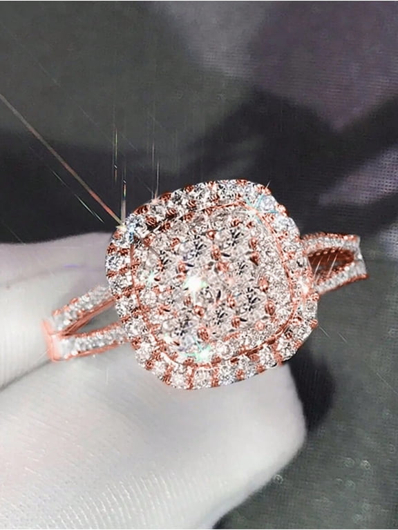 Rose Gold Square Cubic Zirconia Halo Ring For Women, Engagement Wedding Valentines Day Gift