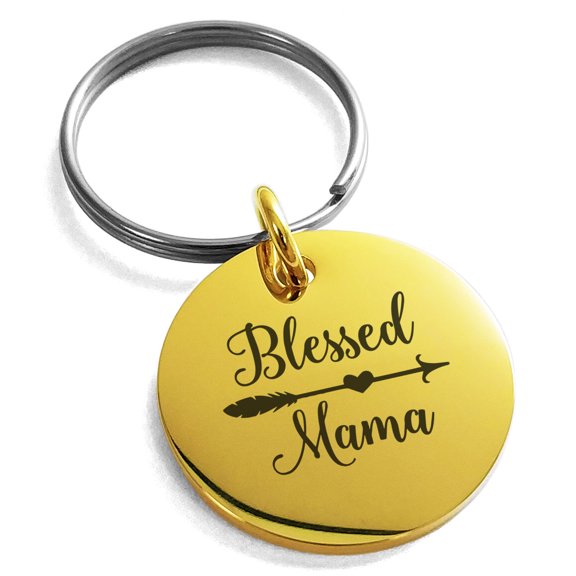Rose Gold Stainless Steel Blessed Mama Small Medallion Circle Charm Keychain Keyring