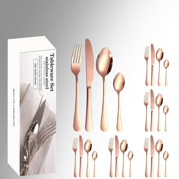 Rose Gold Stainless Steel Flatware Set 24 Piece, Rose Gold Flatware Set, Copper Silverware Set Service for 6