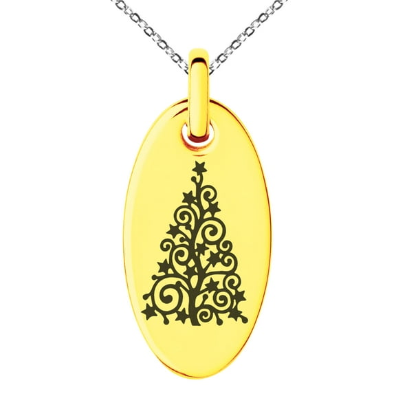 Rose Gold Stainless Steel Floral Filigree Christmas Tree Engraved Small Oval Charm Pendant Necklace