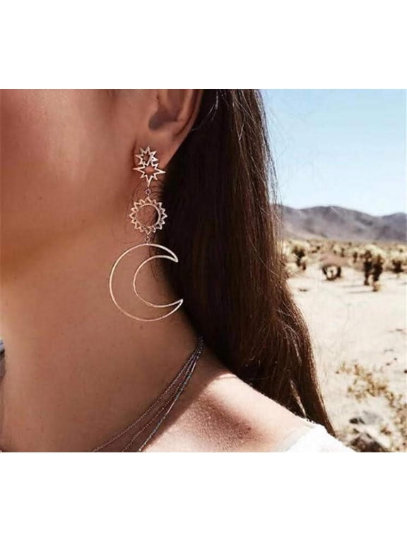 Rose Gold Star Moon Drop Dangle Earrings for Women / Above & beyond / Women's Earrings / Gift for Her / Hollow Geometric Pendant Earring