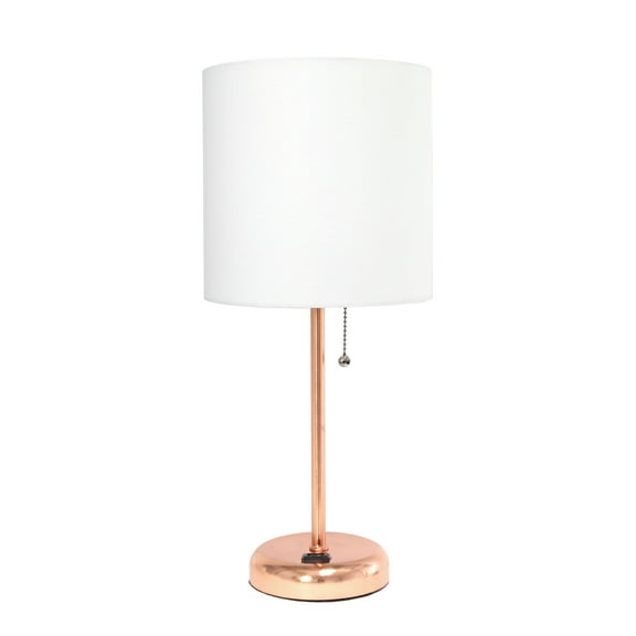 Rose Gold Stick Lamp with Charging Outlet and Fabric Shade, White