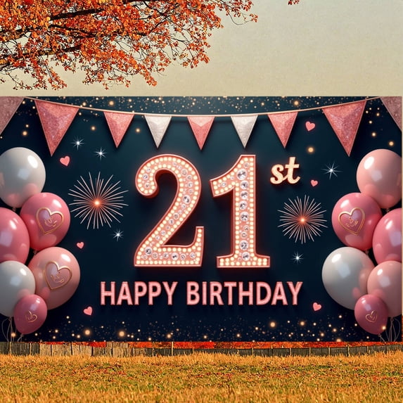 Rose Gold Style 21st Birthday Banner Embellished Birthday Party Backdrop Light-Up Design Happy Birthday Display for 21st Birthday Parties Adult Celebrations Female Birthday Gatherings