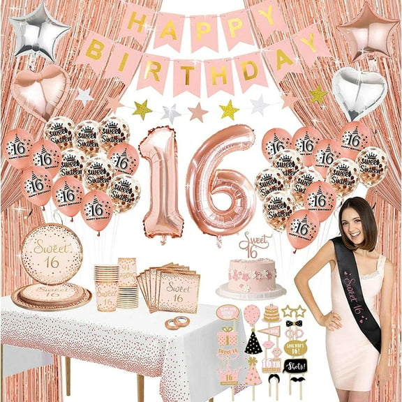 Rose Gold Sweet 16 Birthday Decorations With Photo Booth Backdrop and Props Sweet 16th Birthday Party Supplies Happy Birthday Banner, Confetti & Mylar Balloons, Curtains, Sash, Cake Topper, Tablecloth