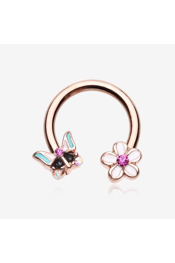 Rose Gold Sweet Butterfly Flower Garden Horseshoe Circular Barbell