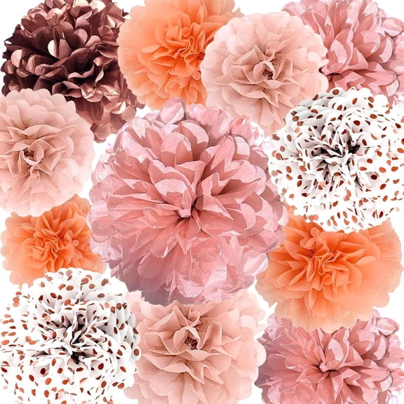 Rose Gold Tissue Paper Pom Poms 12Pcs- Hanging Paper Flowers for Wedding Birthday Graduations Christmas and Special Occasions(8 &10 & 12 inch)