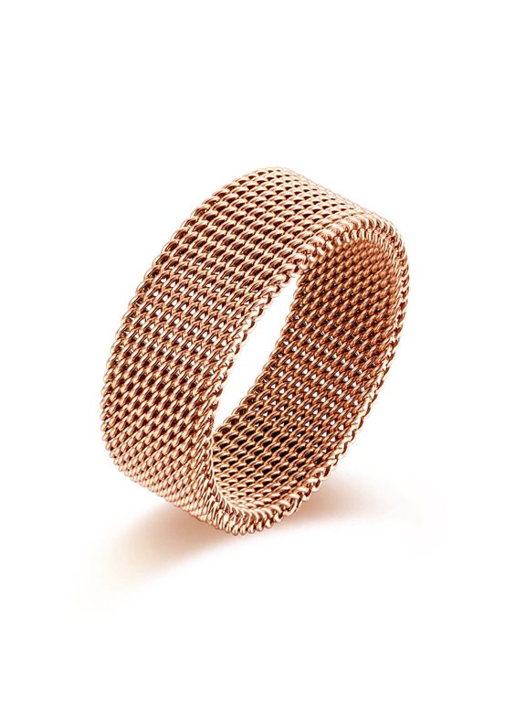 Rose Gold Titanium Steel Woven Mesh Band Ring for Men Women, Flexible Breathable Net Texture Comfort Fit Unisex Stackable Daily Wear Jewelry Size 7
