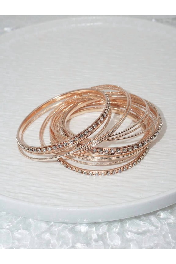 Rose Gold Tone Alloy Multi-Strand Rhinestone Inlaid Bangle Set For Women