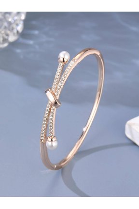 Rose Gold Tone Bangle With Rhinestones And Faux Pearls